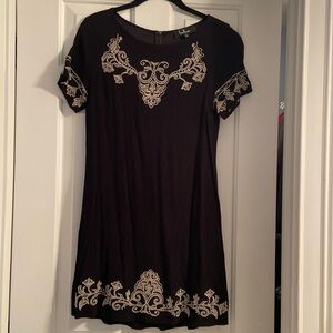 Lulus Short Sleeve Black Shift Dress with White Embroidery